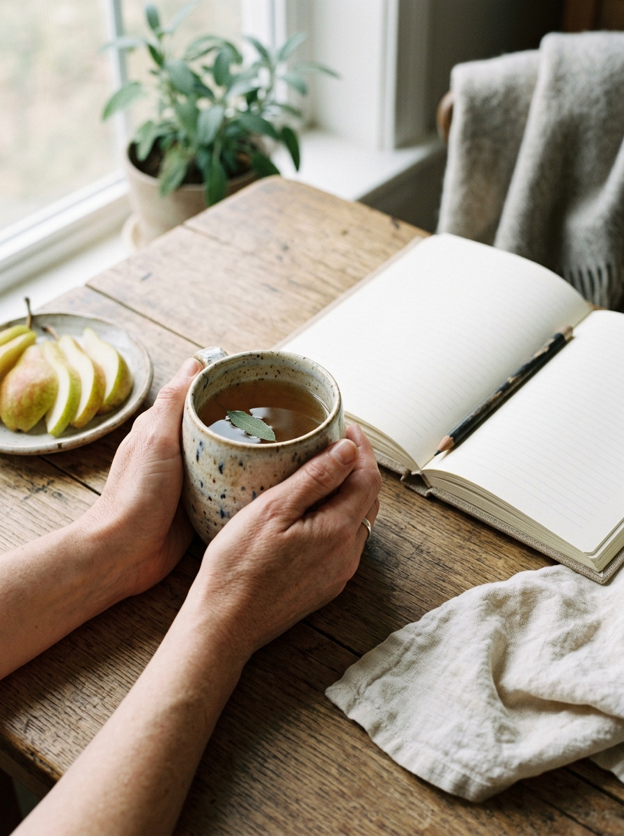 Hands gently holding a warm ceramic cup on a wooden table beside an open journal and sliced fruit in morning light